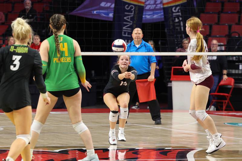 Prairie Ridge's Tegan Vrbancic volleys the ball during the Wolves' loss in two sets, 25-20, 25-18, in the IHSA Class 3A State semifinals on Friday, Nov. 14, 2025.