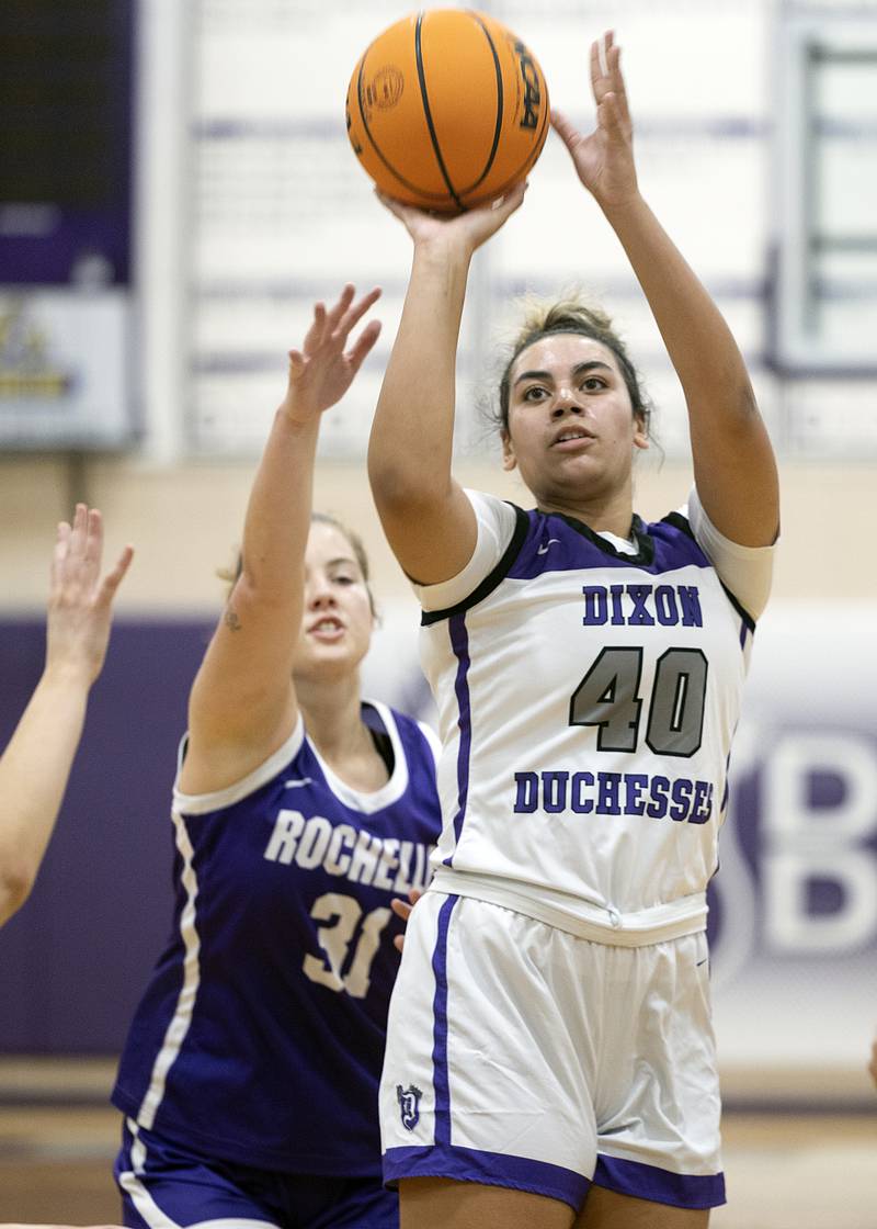 Dixon's Hallie Williamson puts up a shot against Rochelle Thursday, Dec. 26, 2024, during the Dixon Girl’s KSB Holiday Basketball Tournament.