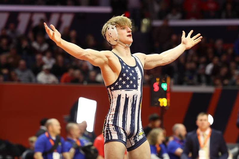 Yorkville Christian’s Ty Edwards celebrates his win over Galesburg’s Gauge Shipp in the 132-pound Class 2A state championship match on Saturday, Feb. 17th, 2024 in Champaign.
