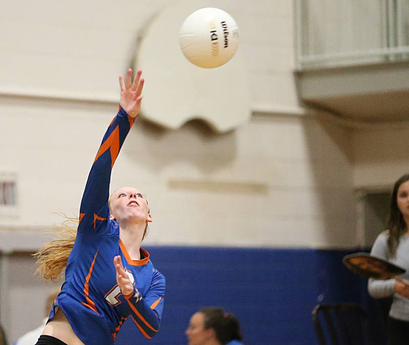 Genoa-Kingston's Kailey Kline serves the ball against Quincy Notre Dame in the Class 2A Supersectional volleyball game on Friday, Nov. 4, 2022 at Princeton High School.