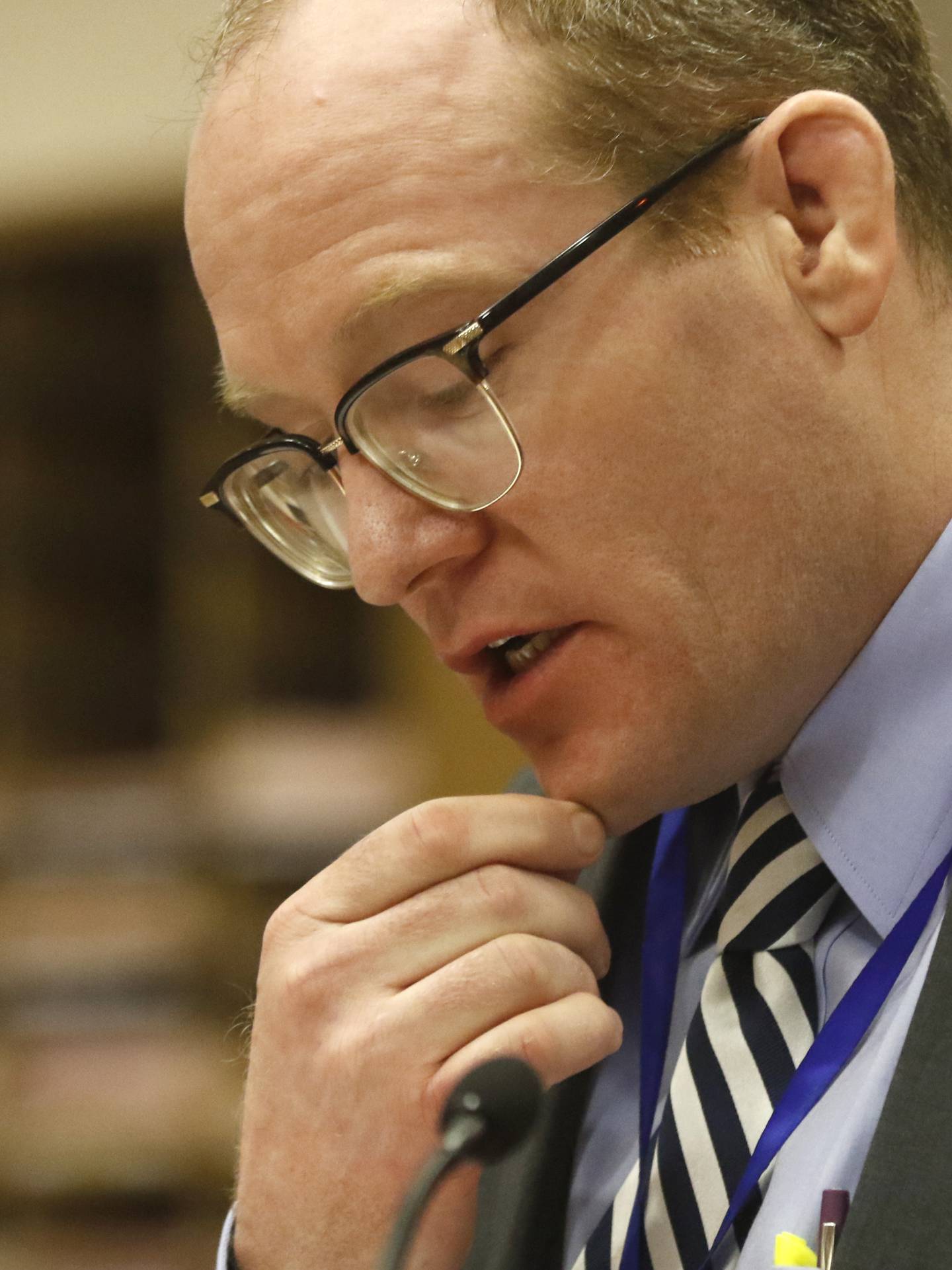 McHenry County State's Attorney Patrick Keneally asks a question to Carol Ruzicka, a retired Illinois Department of Children and Family Services supervisor, during the second day of the trial for the former Illinois Department of Children and Family Services employees Carlos Acosta and Andrew Polovin before Lake County Judge George Strickland on Tuesday, Sept. 12, 2023, at the McHenry County Courthouse. Acosta, 57, of Woodstock, and Polovin, 51, of Island Lake, each are charged with two counts of endangering the life of a child and health of a minor, Class 3 felonies, and one count of reckless conduct, a Class 4 felony, related to their handling of the AJ Freund case.