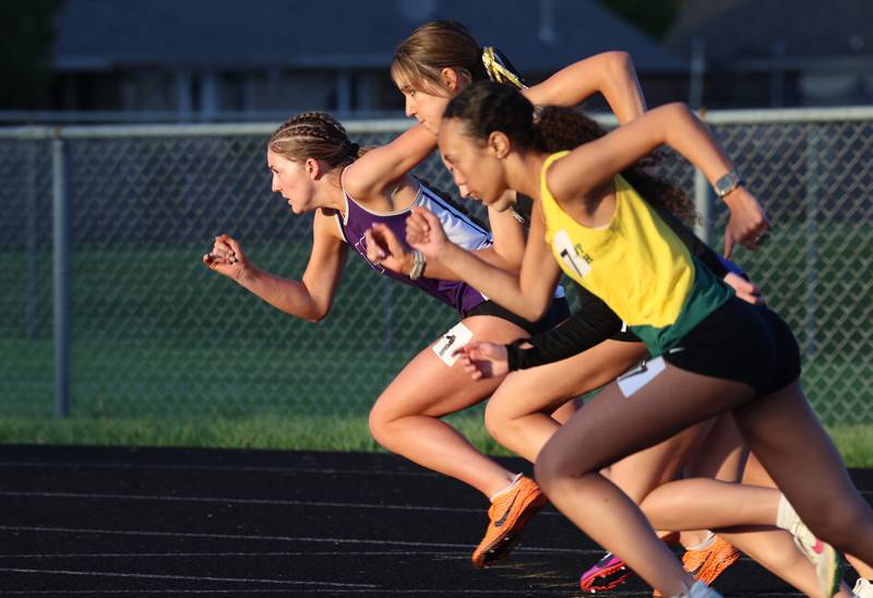Manteno's Klarke Goranson explodes off the starting line during the 800-meter race at the Manteno Track Invite on Friday, April 24, 2026.