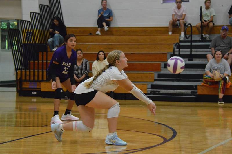 Rochelle's Calli Metzger passes the ball during an eighth-grace volleyball match.