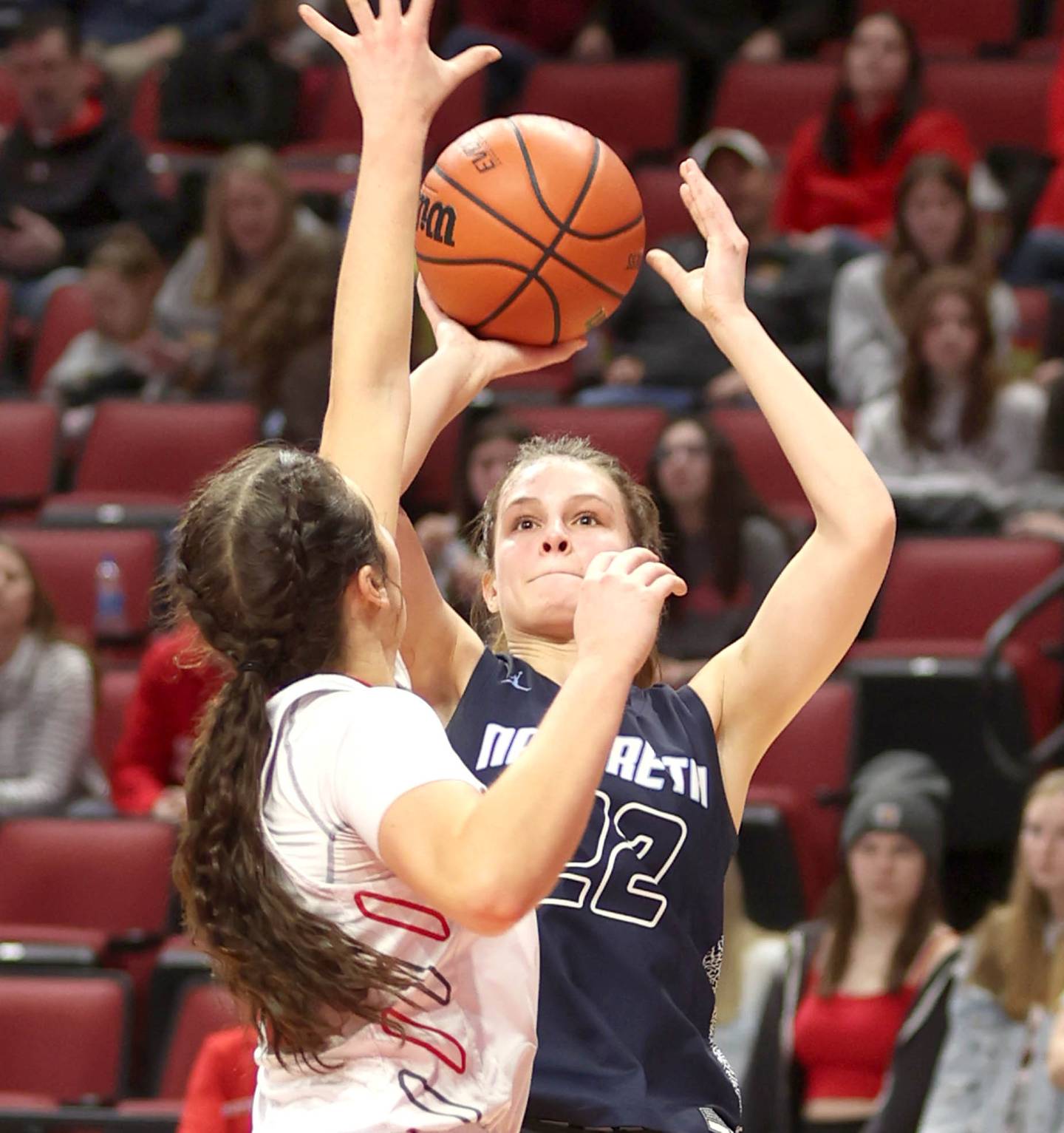 Nazareth's Gracie Carstensen shoots over a Morton defender during their Class 3A state semifinal game Friday, March 4, 2022, in Redbird Arena at Illinois State University in Normal.