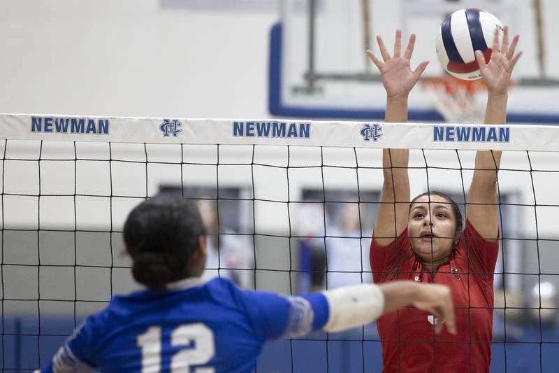 Hall’s Natalia Zamora goes up for a block against Newman’s Gisselle Martin Tuesday, Oct. 21, 2025.