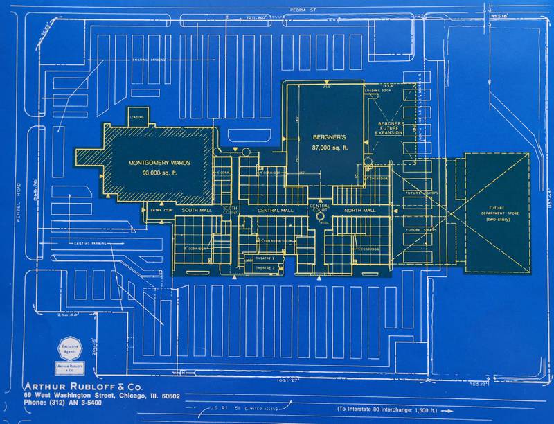 A view of the blueprints of the Peru Mall from Arthur Rubloff & Co. in 1973.