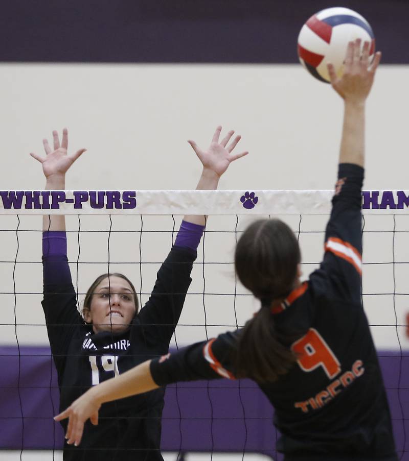Hampshire's Katelyn Petterson tries to block the hit of Crystal Lake Central's Martina Tam during a Fox Valley Conference volleyball match on Tuesday, Sept. 24, 2024, at Hampshire High School.