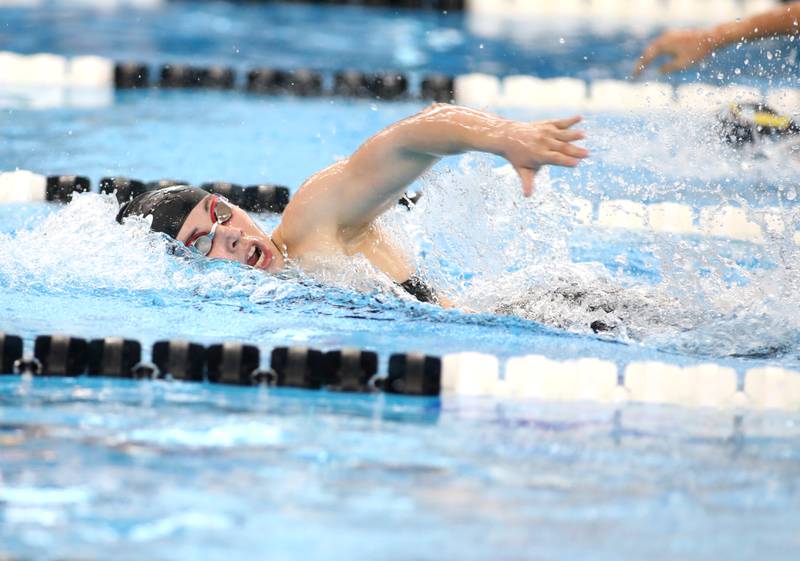 Rosary’s Becky Rentz competes in the 200-yard freestyle championship heat during the IHSA Girls State Championships on Saturday, Nov. 16, 2024 at FMC Natatorium in Westmon.