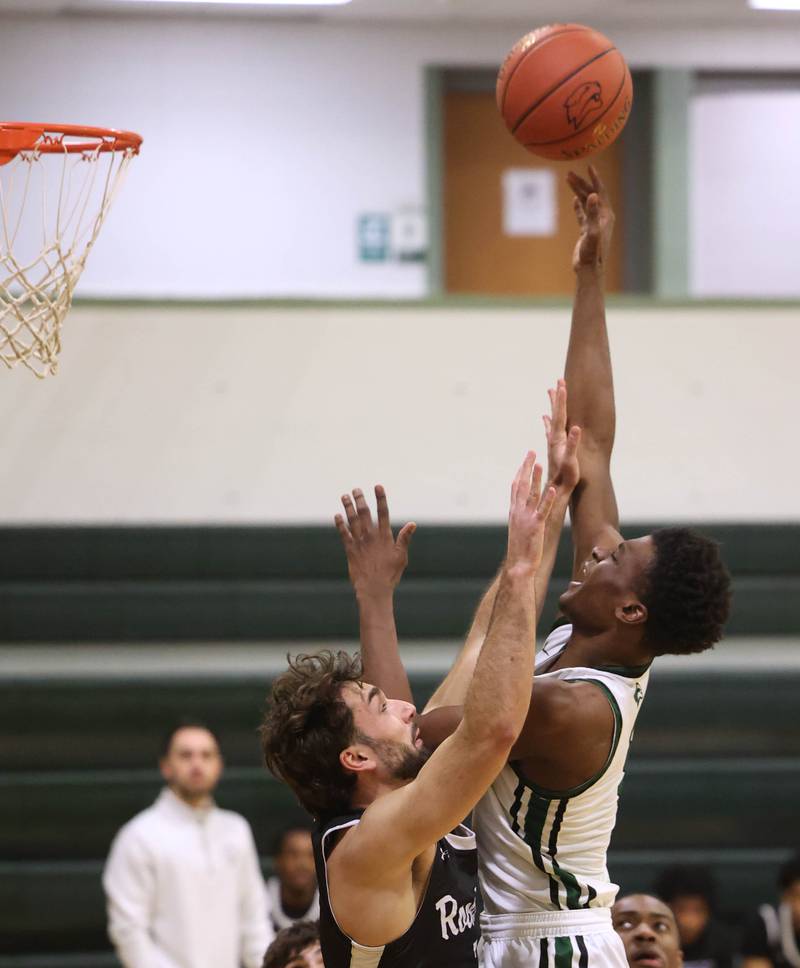 Kishwaukee College's Ramsey Bethel shoots over Rockford University's Ryan Bella Thursday, Jan. 22, 2026, during their game at Kishwaukee College in Malta.