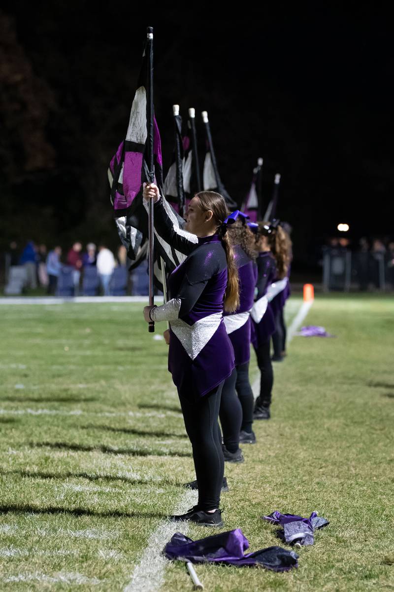 Wilmington color guard members perform at halftime during the Wildcats' 49-7 victory over Tri-Valley in the quarterfinal game on Saturday, Nov. 15, 2025.