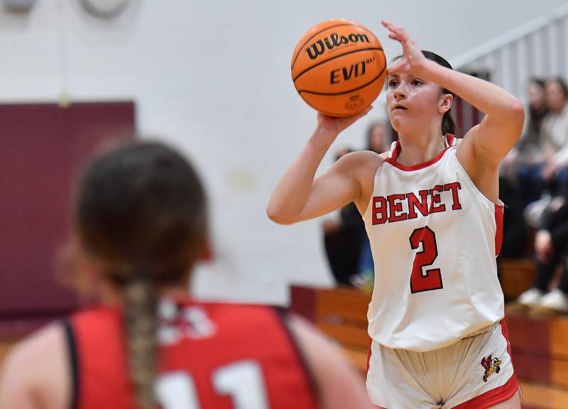 Benet’s Sailer Jones shoots a three pointer during the Montini Christmas Tournament championship game against Marist on December 27, 2025 at Montini Catholic High School in Lombard.
