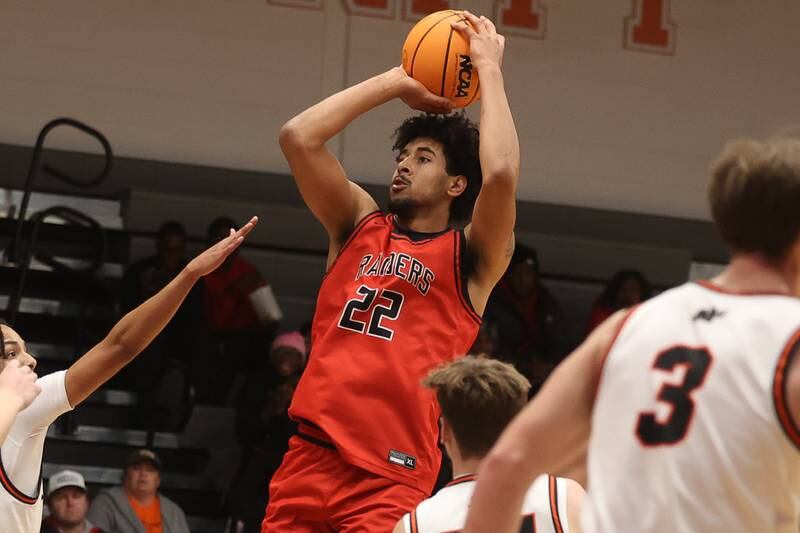 Bolingbrook’s JT Pettigrew takes the midrange shot against Minooka on Tuesday, Dec. 17, 2024 in Minooka.