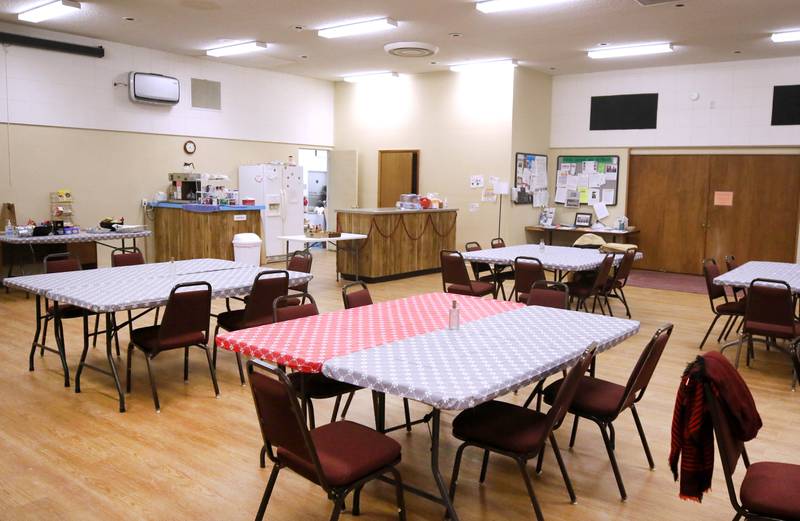 The eating and sleeping area in the Unitarian Universalist Congregation of DeKalb warming center Thursday, Jan. 23, 2025. The warming center, which is open nightly during the winter months, offers free hot meals to all and a warm, safe place for those who need a refuge from the cold.