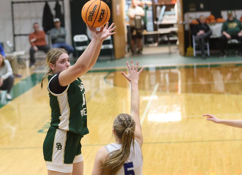 St. Bede's Savannah Bray shoots a jump shot over Princeton's Kiyrra Morris during the Class 2A Regional semifinal game on Tuesday, Feb. 17, 2026 at St. Bede Academy.