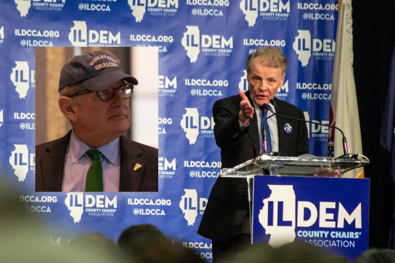 File photos picture former House Speaker Michael Madigan (right) and his close confidant Mike McClain. The pair will face their own trial on racketeering charges next year and are key figures in the ongoing perjury trial of Madigan's longtime chief of staff, Tim Mapes.