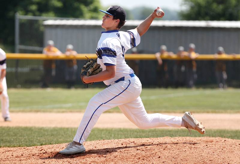 Burlington Central's Chase Powrozek delivers a pitch during their Class 3A sectional final game against Sycamore Saturday, June 3, 2023, at Kaneland High School in Maple Park.