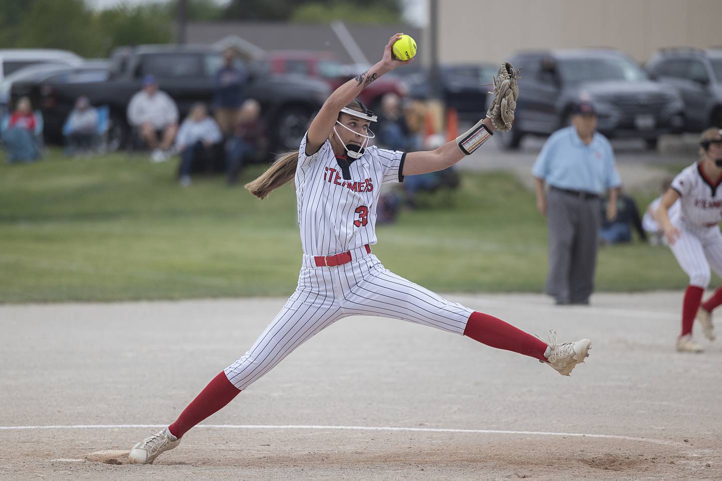 Fulton’s Jessa Read winds up for a pitch against Morrison Friday, May 22, 2026, at the Class 1A softball regional at Newman High School.