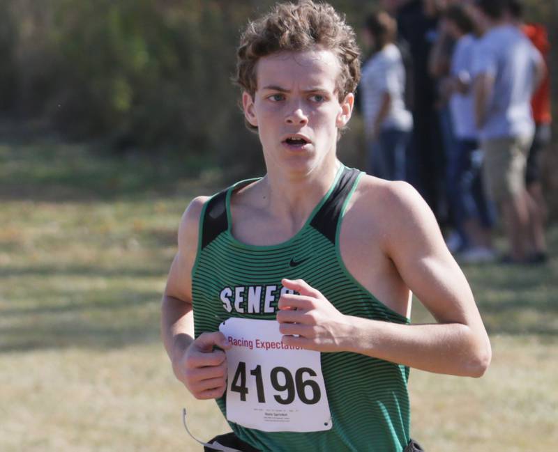 Seneca's Nate Sprinkel runs in the Class 1A Regional Cross Country boys race on Saturday, Oct. 22, 2022 at the Seneca FFA Farm in Marseilles.
