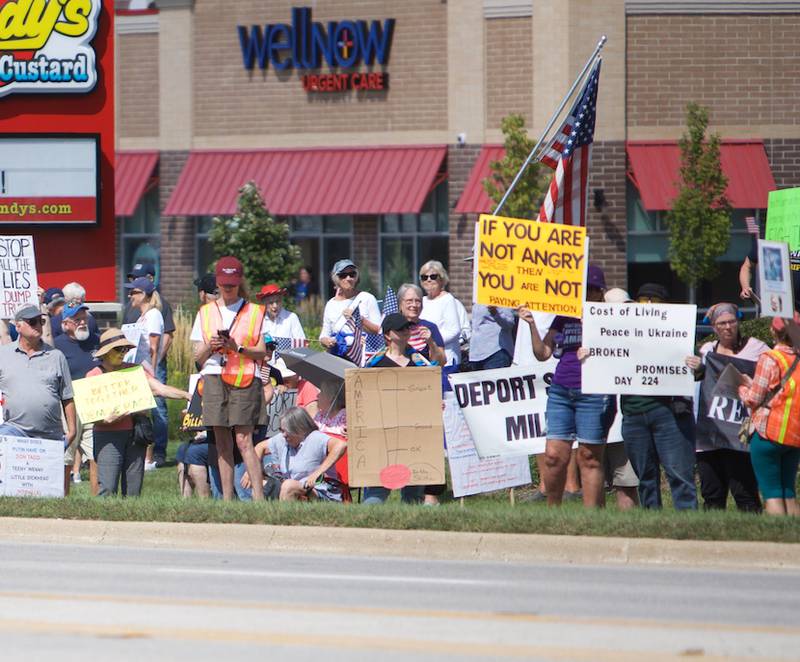 Locals gather for Workers over Billionaires rally on Rt 64 on Monday, Sept.1,2025 in St. Charles.