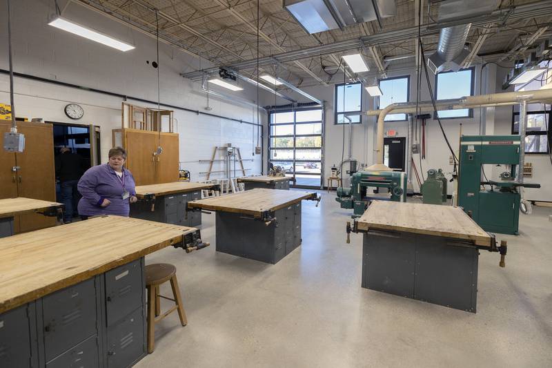 Superintendent Margo Empen tours the woodworking area Saturday, Oct. 19, 2024 of the renovated CTE space at Dixon High School.The school held an open house for the Career Technical Education spaces.