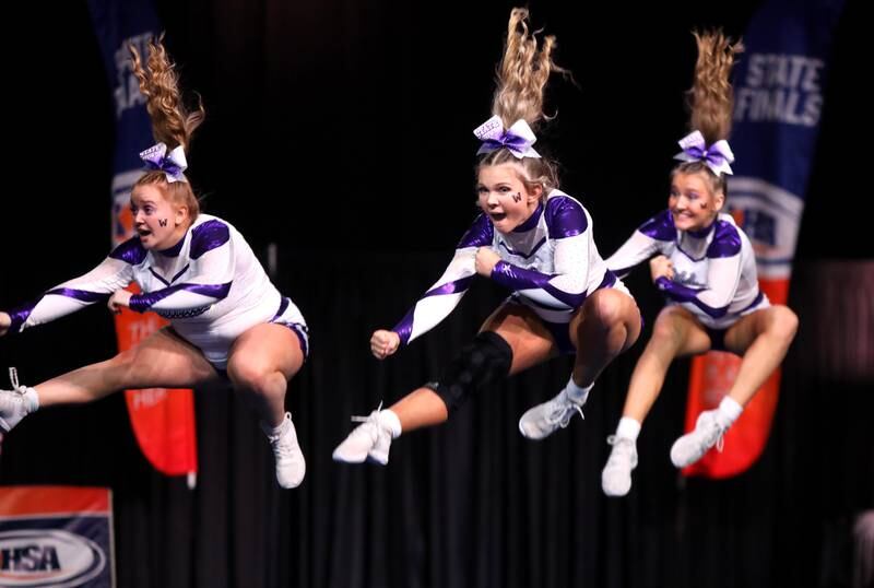 Members of the Wilmington cheerleading team compete in the small team division of the IHSA State Finals on Saturday, Feb. 8, 2025 at Grossinger Motors Arena in Bloomington.