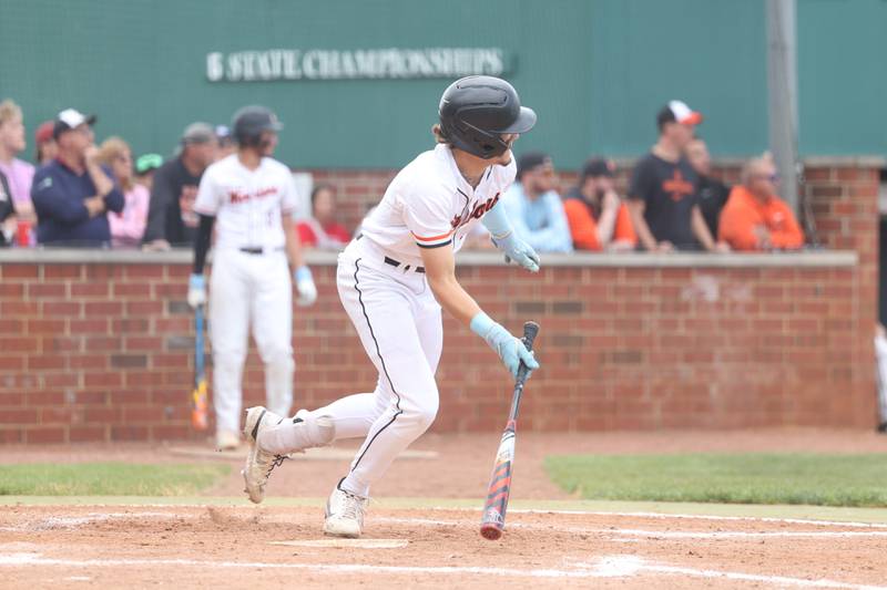 Lincoln-Way West’s Conor Essenburg connects for a two run single against Lincoln-Way Central in the Class 4A Providence Sectional semifinal on Wednesday, May 29, 2024 in New Lenox.