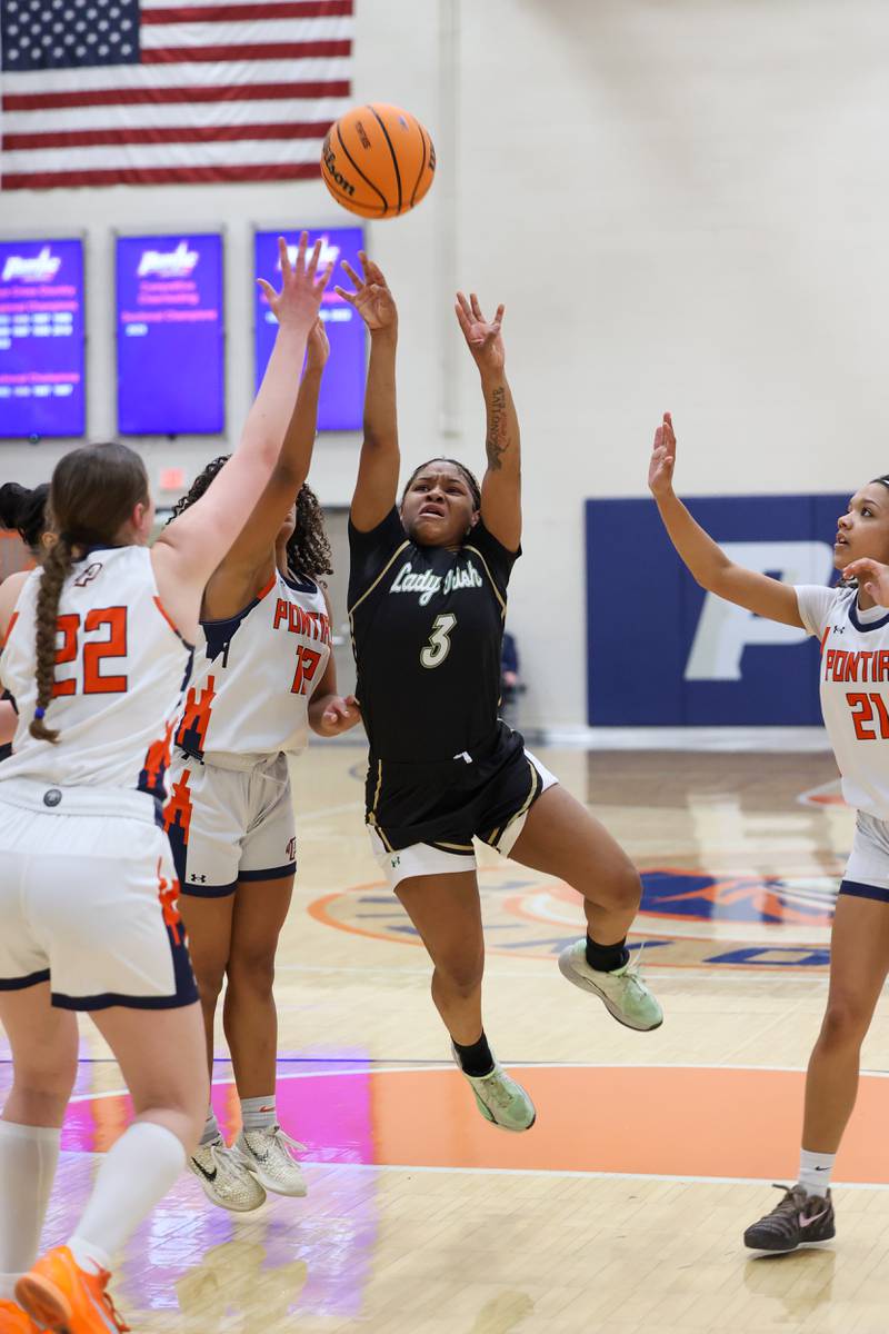 Bishop McNamara’s Eliana Isom during the Fightin’ Irish’s 46-32 loss to Pontiac in the IHSA Class 2A Pontiac Sectional semifinal on Tuesday, Feb. 24, 2026, at Pontiac Township High School.