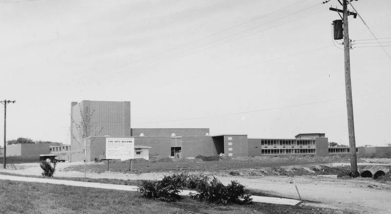 Looking from Carroll Avenue and West Locust Street, Northern Illinois University's Fine Arts Building (now the Stevens Building) being completed in May 1959.