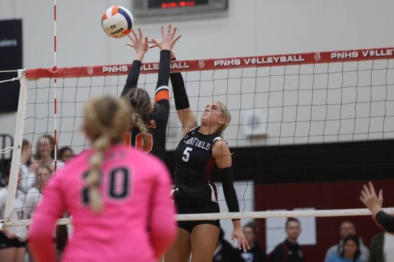 Plainfield North’s Lizzie Fitzgerald hits a shot against Plainfield East on Tuesday, Oct. 10, 2023 in Plainfield.
