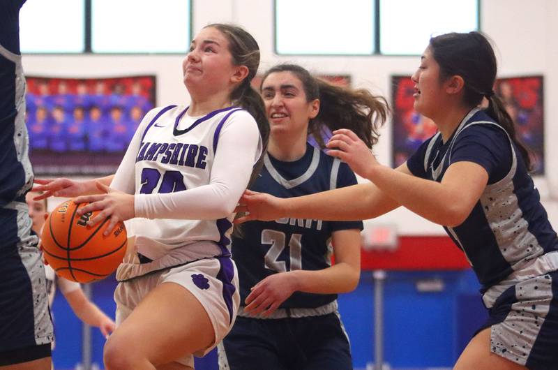 Hampshire’s Sadie Van Horn heads for the hoop against South Elgin in varsity girls basketball Komaromy Classic tournament  action on Monday, Dec. 29, 2025, at Dundee-Crown High School in Carpentersville.