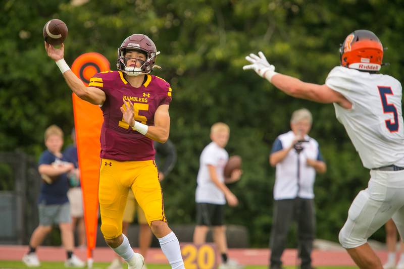 Loyola quarterback Jake Stearney (15) passes the ball during the second quarter of the football game at Loyola Academy High School on Saturday, Sept. 4, 2021.