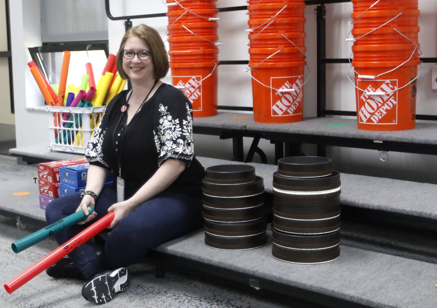Music teacher Kathleen Choi with some of the music instruments that she was able to get donated to the Algonquin Road Elementary School in Fox River Grove, on Thursday, April 20, 2023.