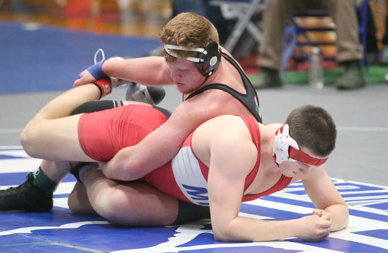 Reed Custer's Dominic Alaimo wrestles Mt. Zion's Keller Stocks during the 61st annual Lyle King wrestling tournament on Saturday, Jan. 11, 2024 at Princeton High School.