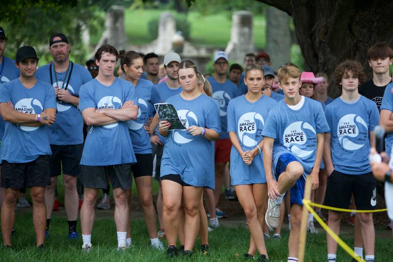 Participants prepare for the start of  The Amazing Race Hardy Strong at Mt. St. Mary Park in St. Charles on Saturday, August 5, 2023