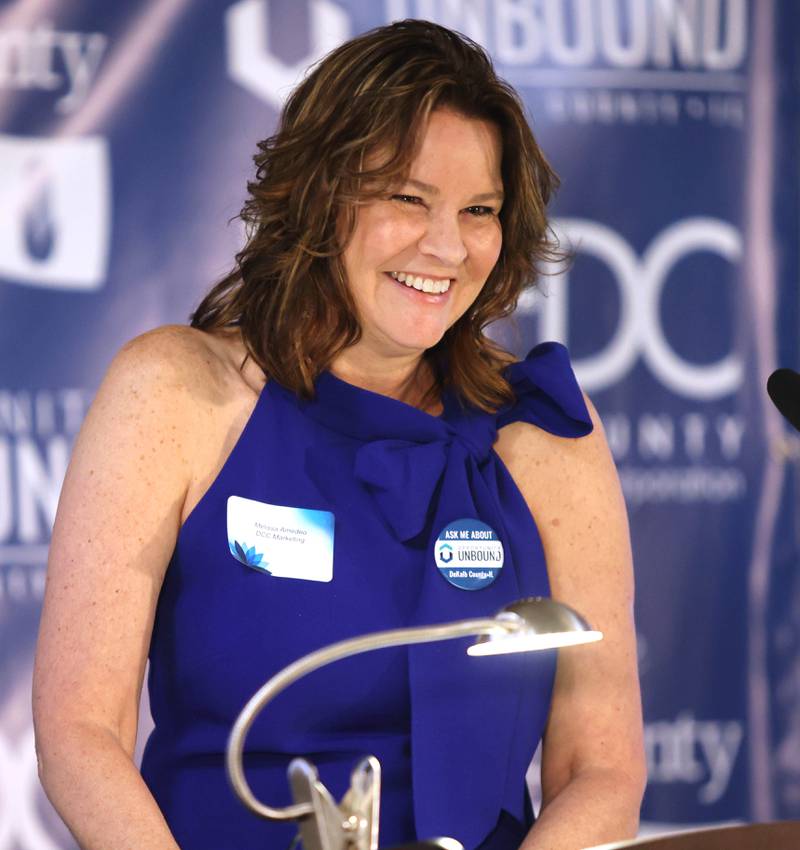 Melissa Amedeo, DCC Marketing, talks about the Opportunity Unbound program Thursday, April 28, 2022, during the annual DeKalb County Economic Development Corporation dinner and state of the county event at Faranda's Banquet Center in DeKalb.