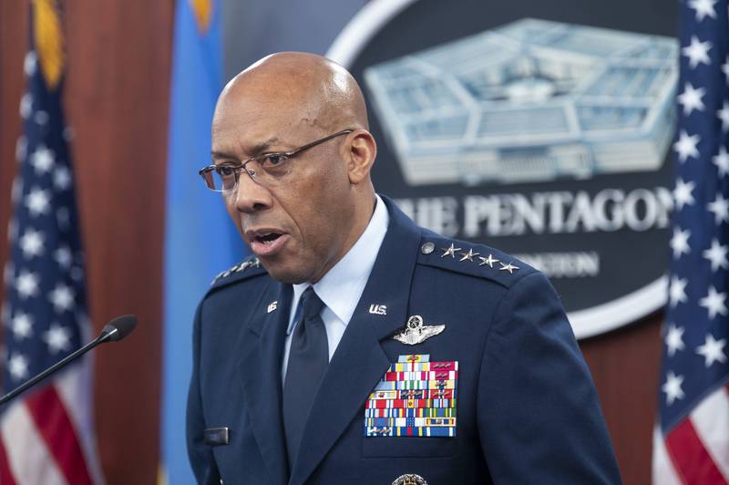 FILE - Chairman of the Joint Chiefs of Staff Gen. CQ Brown speaks during a press briefing, April 26, 2024, at the Pentagon in Washington. (AP Photo/Kevin Wolf, File)
