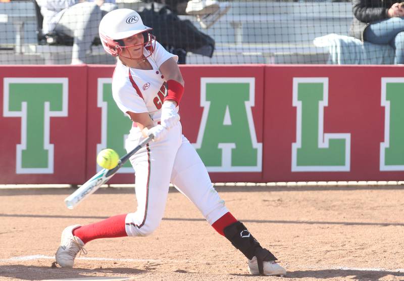 L-P's Karmen Piano makes contact with the ball against Kaneland on Wednesday, April 2024 at the L-P Athletic Complex in La Salle.