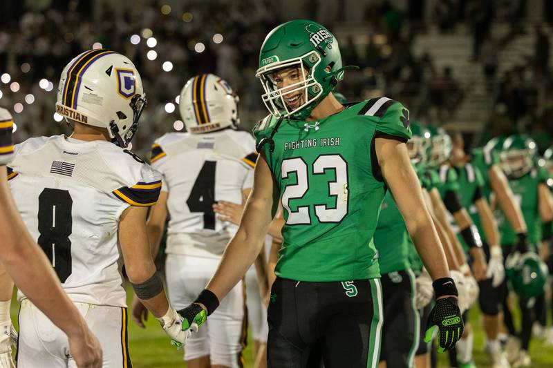 Brady Sheedy (23) of Seneca leads team in handshake line after win against Chicago Cristian on Friday, Aug 29, 2025 at Seneca High School in Seneca.