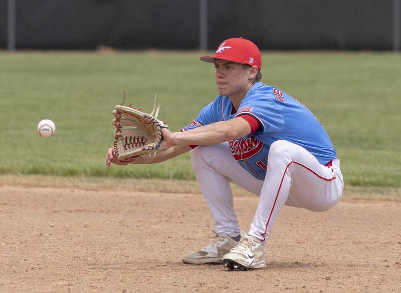 Oregon’s Jackson Messenger fields a ball against Byron Saturday, May 24, 2025, in the Stillman Valley Class 2A Regional final.