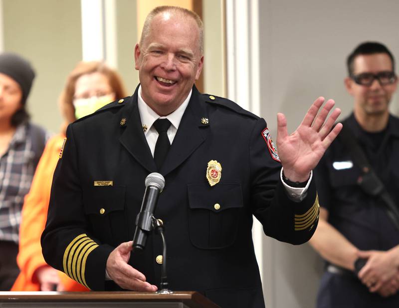 DeKalb Fire Chief Michael Thomas speaks after being sworn in as the city's new full-time fire chief Monday, April 11, 2022, during the DeKalb City Council meeting at the library. Thomas has been serving as the acting chief since the retirement of former chief Jeff McMaster in November.