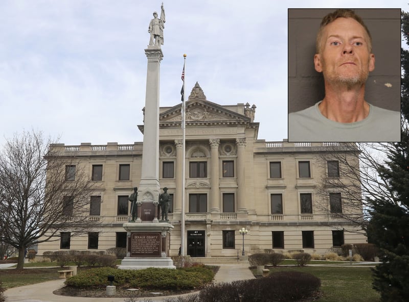 Inset of Justin M. Lesniewski in front of Daily Chronicle file photo of DeKalb County courthouse.