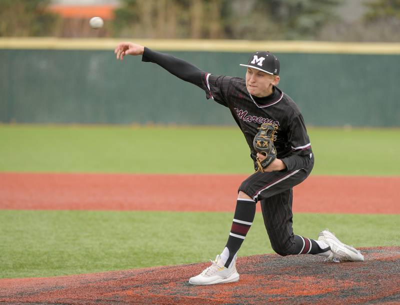 Marengo's Samuel Chaffin (7) pitches against Streamwood during a game on Monday, March 25, 2024 in Carol Stream.