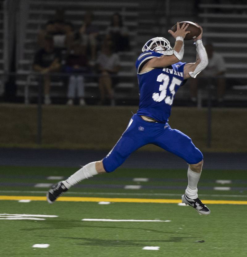 Newman’s Daniel Kelly hauls in a pass over the middle for a TD against Orion Friday, Sept. 20, 2024, at Roscoe Eades Stadium in Sterling.
