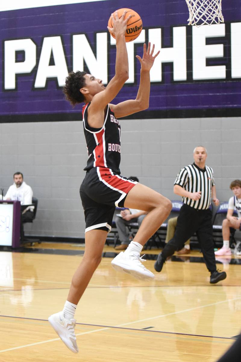 Bradley-Bourbonnais' Trey Lawrence goes up for a layup during a game at Manteno Saturday, Dec. 6, 2025.