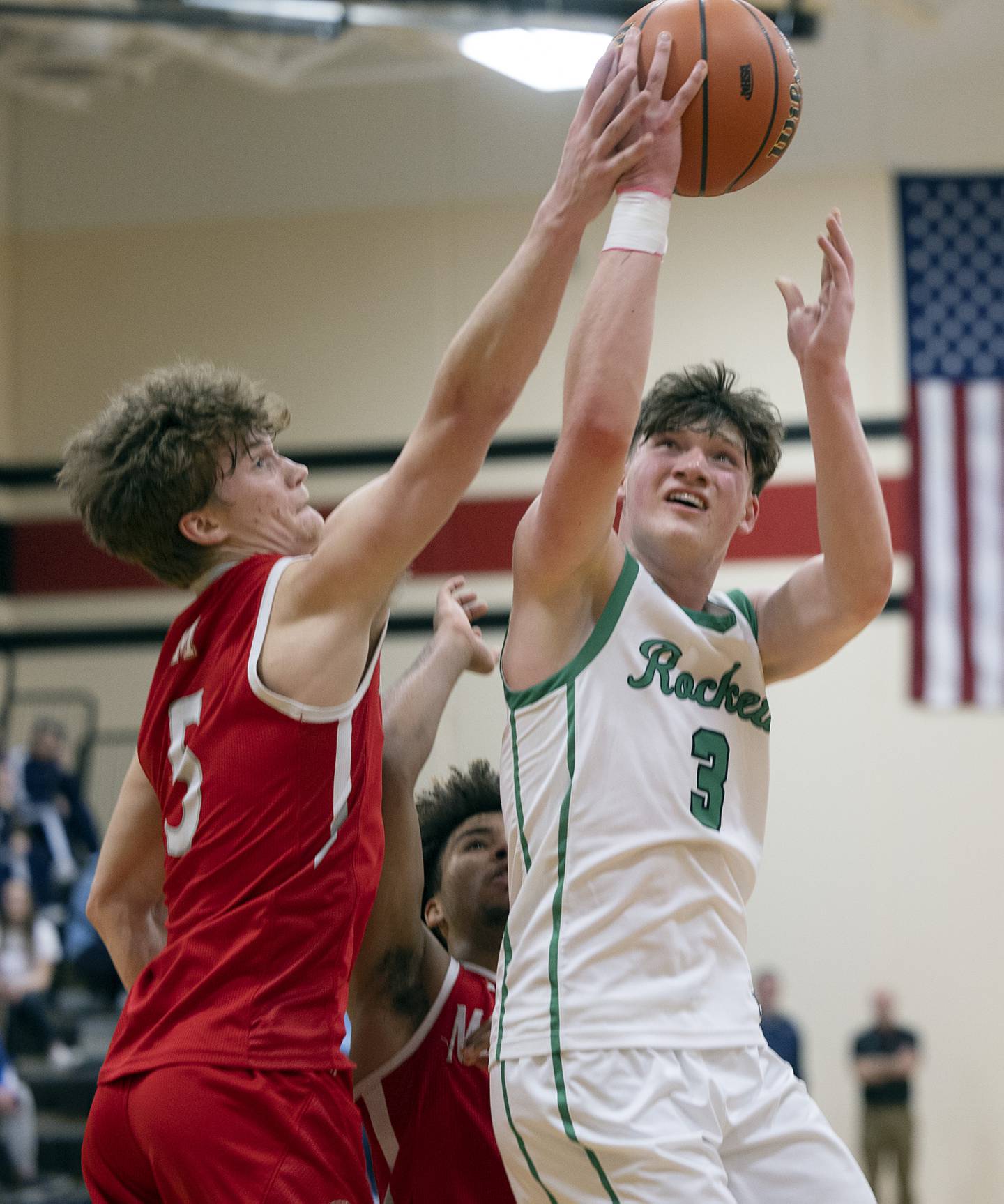 Rock Falls’ Ryken Howard puts up a shot against Morrison’s Chase Newman Wednesday, Feb. 21, 2024 at the Prophestown class 2A basketball regional.