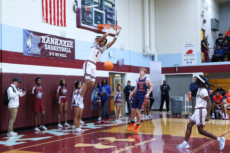 Kankakee's Lincoln Williams dunks the ball on a breakaway during the Kays' 74-60 victory over Mahomet-Seymour on Tuesday, Dec. 2, 2025.
