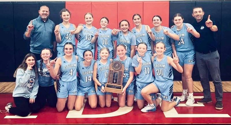 Bureau Valley defeated Princeton 35-17 to capture the 2025 SRC 7th-grade championship Thursday at Peru Parkside Team members are (front row, from left) manager Maddie Dillbeck, manager Blake Maynard, Cali Pistole, Kinley Gruber, Aleeyah Foster, Stevie Davis, Kaylee Jamison and Sophia Thurston; and back row) 7th grade coach Ryan Rosenthal, Kaurie Facemire, Kenzlie Wright, Shea Wunder, Mya Waites, Daelynn Benavidez, Tinley Yepsen, Ava Ferris and 8th grade coach Brent Jamison.