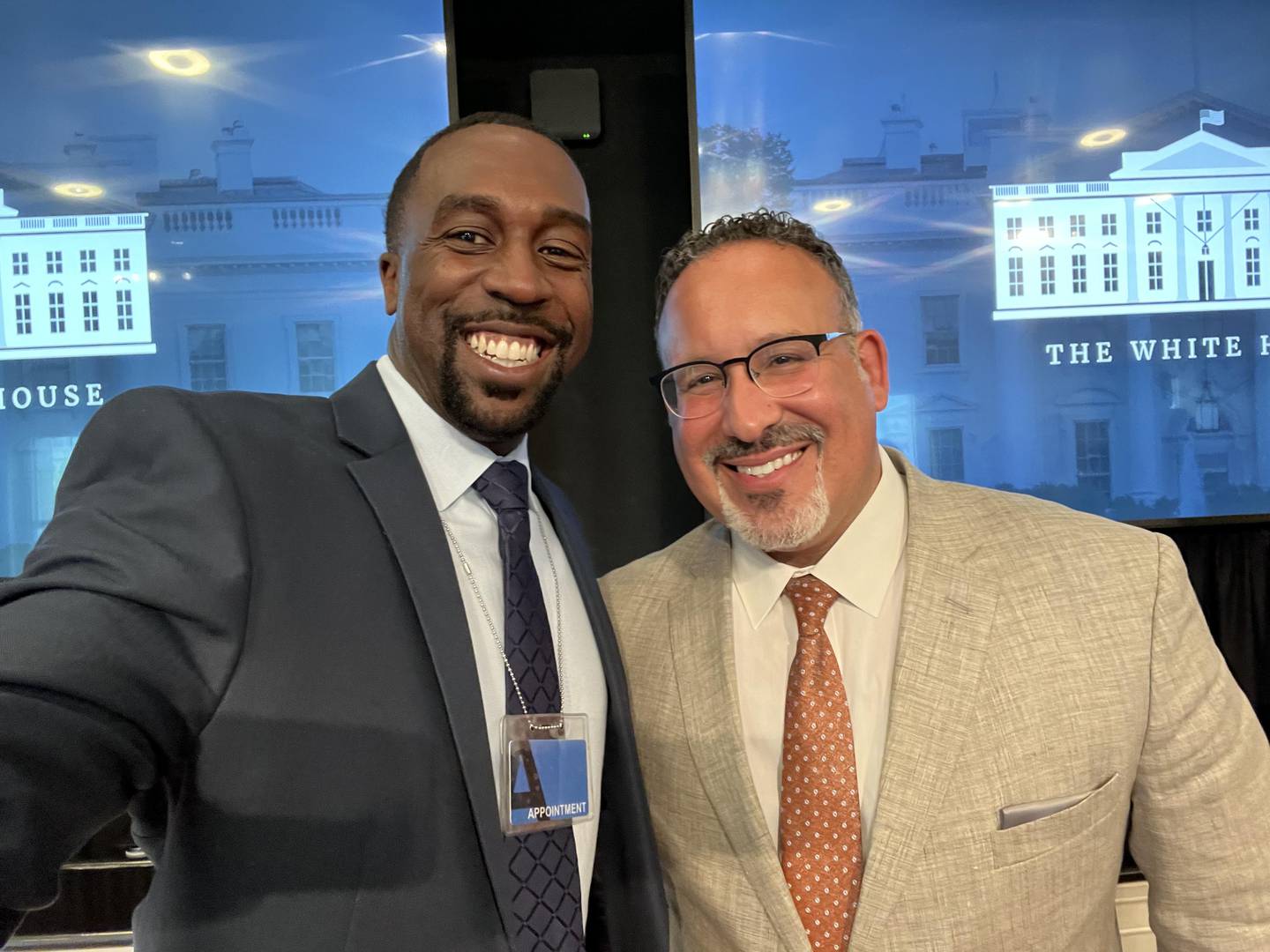 Huntley High School Marcus Belin (left) poses with Secretary of Education Miguel Cardona (right). Belin was invited to Washington D.C. after being recognized by the NASSP as one of the nation's three 2021 digital principals of the year.