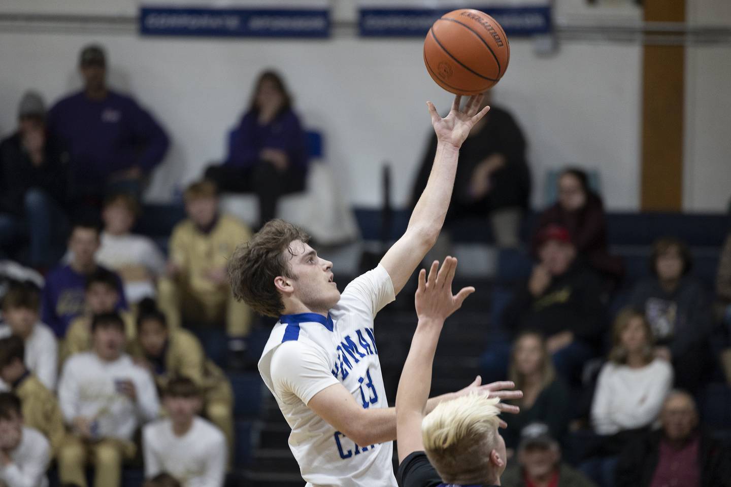 Newman’s Nolan Britt puts up a shot late in the first half Tuesday, Dec. 13, 2022 against Pecatonica.