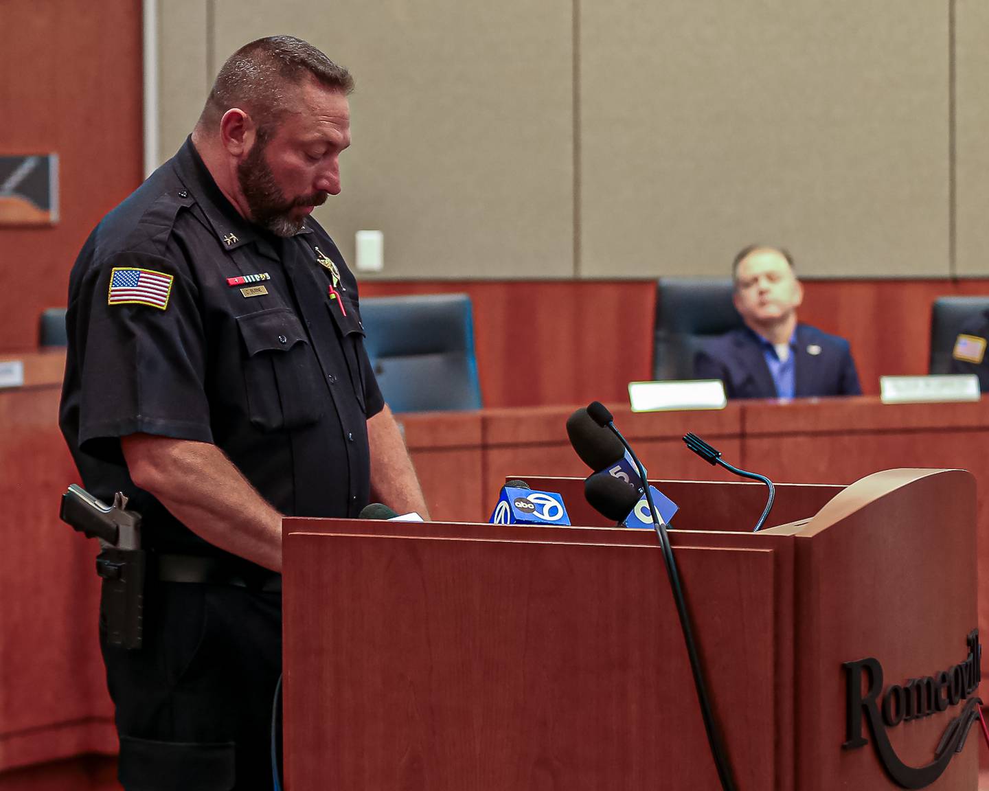 Romeoville Deputy Police Chief Chief Chris Burne addresses the media at the Press Conference held at the Romeoville Police station.  Sept 20, 2023